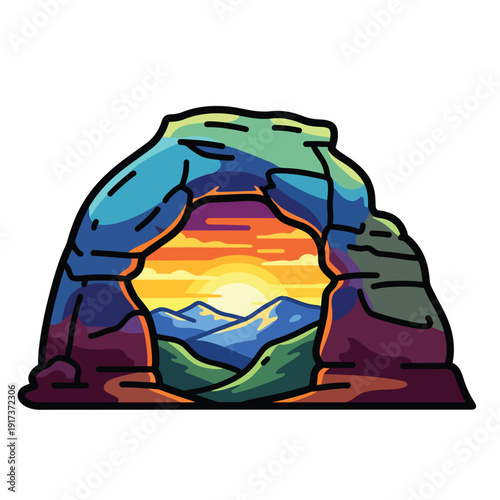 A vibrant arched rock formation frames a breathtaking mountainous landscape at sunset from a unique vantage point