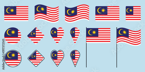 Photography Malaysia Flag Vector Collection Diverse Shapes, Waving Icons, Heart and Circle Symbols on Isolated Background