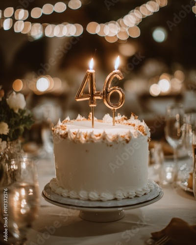 Elegant Birthday Cake with Number 46 Candles and Soft Lighting