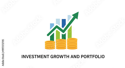 Financial growth illustration showing investment increase and portfolio development with stacks of coins and rising graph