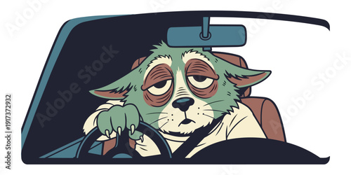 Cartoon animal driving car exhausted concept illustration