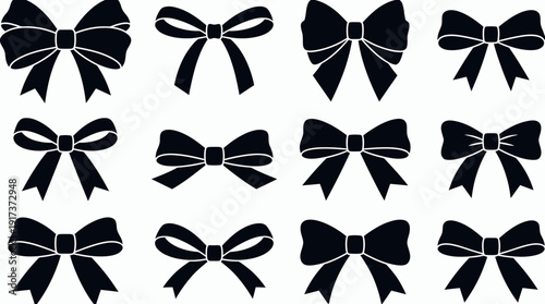 Collection of various black ribbon bow silhouettes and knot shapes isolated on white background, concept for gift packaging design, wedding invitation decoration and elegant fashion branding