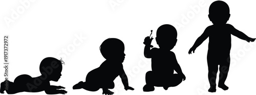 Black silhouette of baby development stages from crawling to standing vector illustration