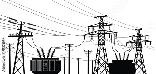 Black silhouette of an electrical substation with power lines and transformers electricity