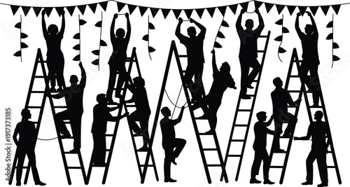 Party decoration team hanging bunting and garlands, ladder silhouettes vector pack, people decorating, celebration setup, festive banner installation, editable black silhouettes illustration