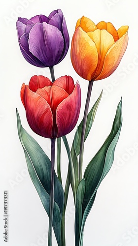 Three tulips in purple red and yellow on a photo white background flower floral