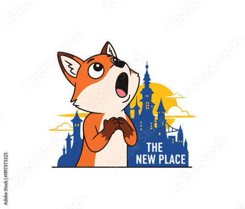 Cartoon fox observing city silhouette against evening sky