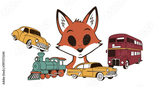 Cartoon fox surrounded by transportation vehicles on black background