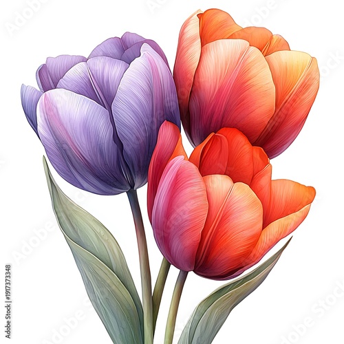 Three Tulips Purple Orange and Red with Green Leaves flower photo