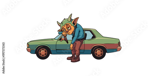 Cartoon goblin leaning on vintage car on black background
