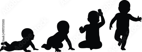 Black silhouette sequence of baby's growth from crawling to walking on white background development stages