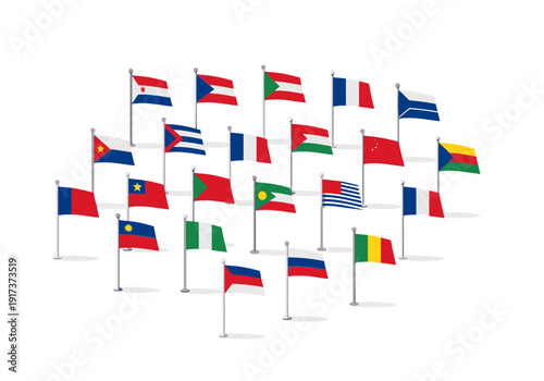 A cluster of twentytwo national flags on poles against a white background