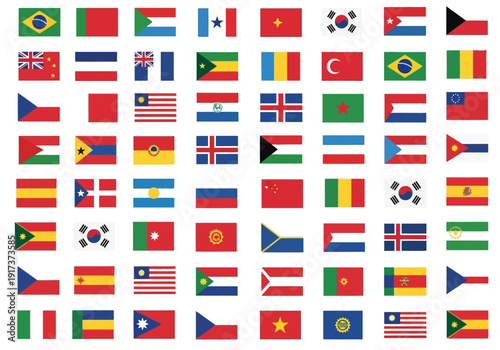 A grid of 49 distinct color national flags from around the world