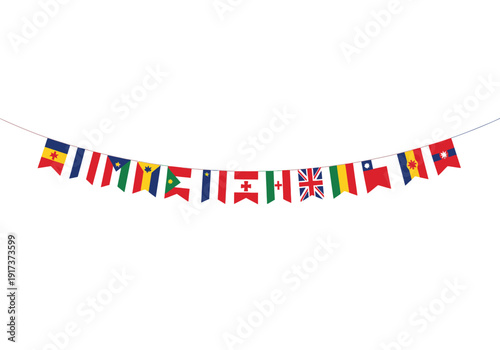 A string of international flags forming a decorative banner against a white background