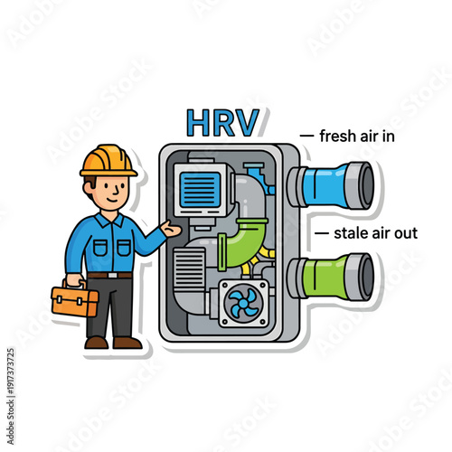 A worker in a hard hat explains the functionality of a heat recovery ventilation system with fresh air intake and stale air exhaust