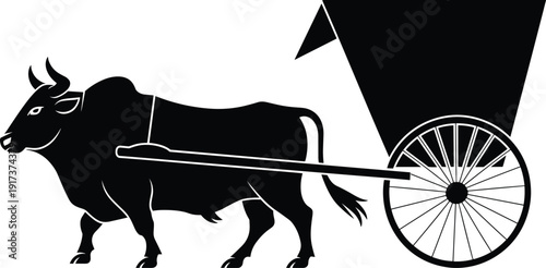 Traditional bullock cart silhouette with ox pulling wooden wagon, rural transport, agriculture heritage and village life concept isolated on white background