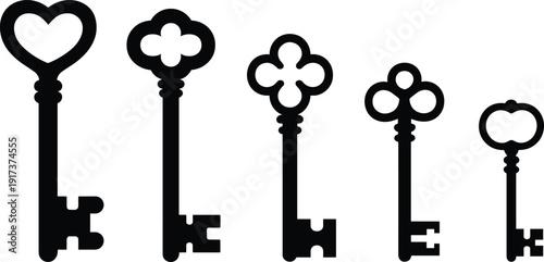Vintage key silhouettes vector set featuring heart and ornate skeleton keys, antique lock symbols, classic security icons, black minimal illustration pack
