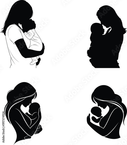 Mother day concept with silhouette mother and child illustrations