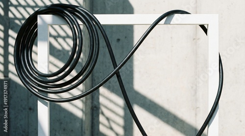 Black coiled hosepipe displayed on a white frame against a textured concrete wall