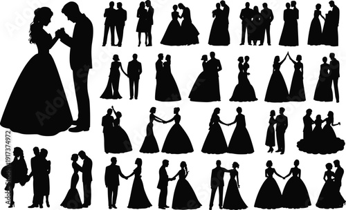 Collection of black wedding couple silhouettes in various poses and styles Keywords: wedding, couple, bride, groom, silhouette