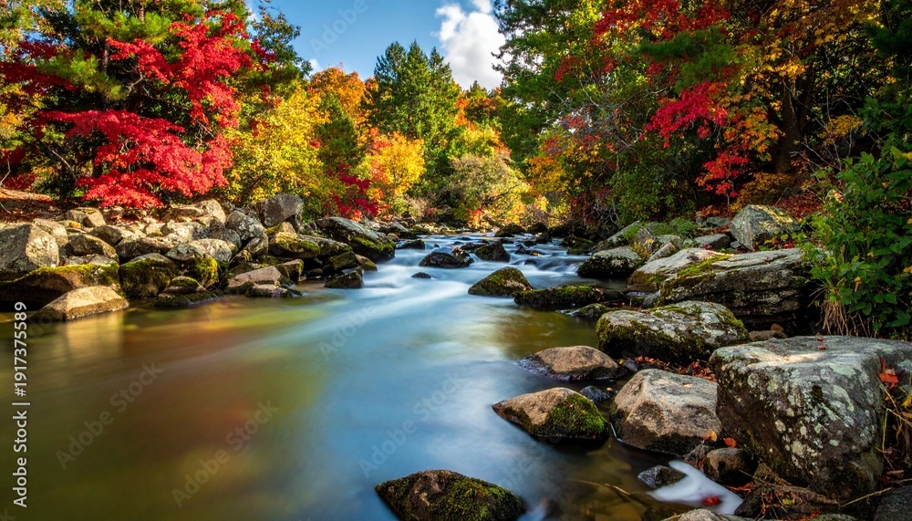 Fototapeta premium Autumn River Scene with Colorful Foliage and Flowing Water in Serene Landscape.
