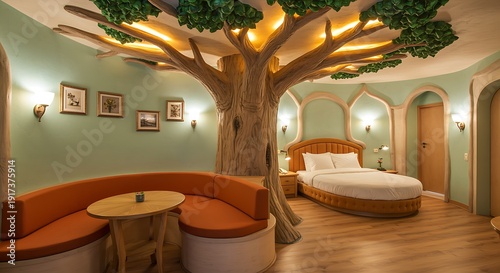 Whimsical tree themed hotel room interior with cozy seating area and plush bed  unique travel accommodations