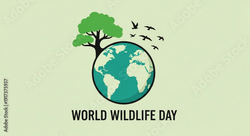 World wildlife day poster with globe tree and flying birds on green background symbolizing conservation and environmental protection awareness