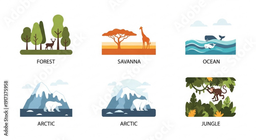 Six diverse ecosystems icons set including forest savanna ocean arctic and jungle with animals and landscapes in a minimalist style