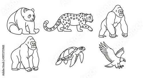 Endangered wildlife set black outline illustrations of bear leopard gorilla turtle and eagle on white background