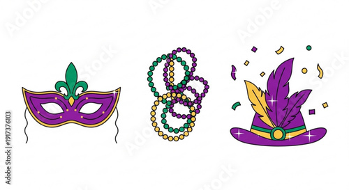 Mardi gras carnival festive elements with purple mask beads and hat on white background for party decoration