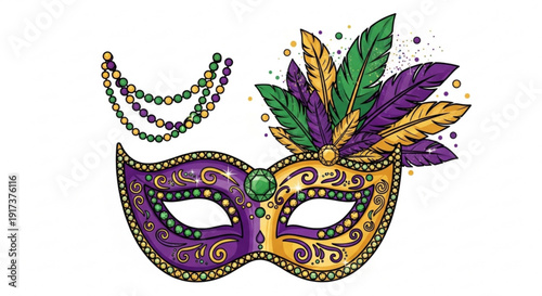 Vibrant mardi gras mask with feathers and beads festive purple gold green carnival decoration