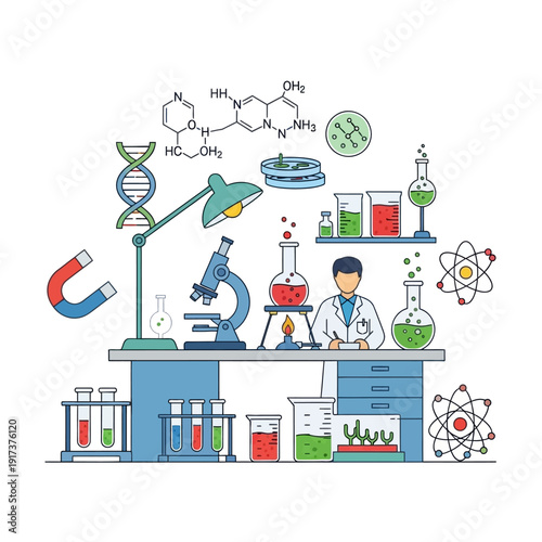 Science laboratory with equipment, DNA, molecules, and scientist conducting experiment