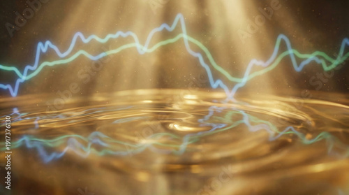 Abstract dynamic visualization of market data and financial trends, glowing charts flowing over shimmering golden liquid, symbolizing digital insights and strategic analysis