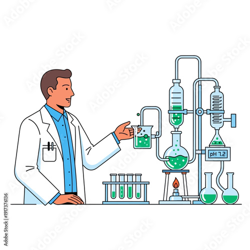 Scientist conducting experiment with distillation apparatus and green liquid in laboratory