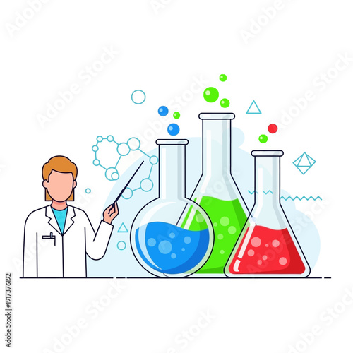 Scientist Explains Chemistry Experiment with Colorful Liquids in Flasks