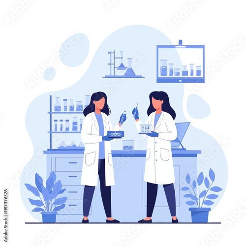 Two female scientists in lab coats conducting research with test tubes and equipment in a modern laboratory.
