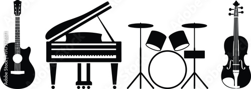 Black musical instrument icons set with guitar piano drums and violin isolated on white background, vector music silhouette collection