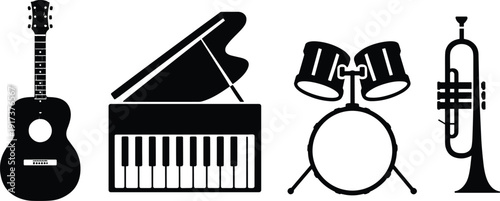 PrintBlack musical instruments set with acoustic guitar piano drums and trumpet isolated on white background, vector music silhouette collection