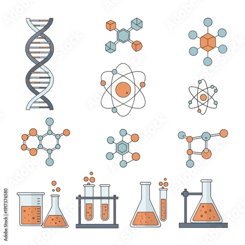 Science Icons: DNA, Atoms, Molecules, and Lab Equipment