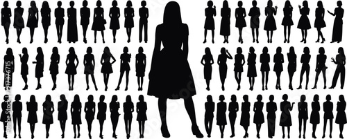Large collection of black silhouettes of women in dresses and skirts Keywords: woman, female, person, people, silhouette, black
