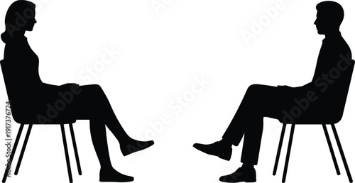 PrintBlack silhouette of man and woman sitting on chairs facing each other, conversation or interview icon on white background