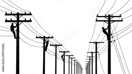 Perspective view of linemen climbing utility poles along a road Keywords: lineman, electrician, utility worker, power line