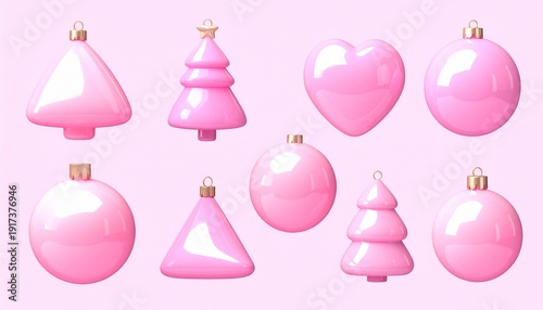 Pink Holiday Ornaments Collection 3D Rendered Festive Decorations Pastel Color Palette Christmas Decor Elements.