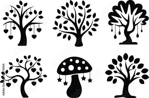 Black tree silhouettes set with heart leaves and whimsical mushroom isolated on white background, decorative nature vector icon collection
