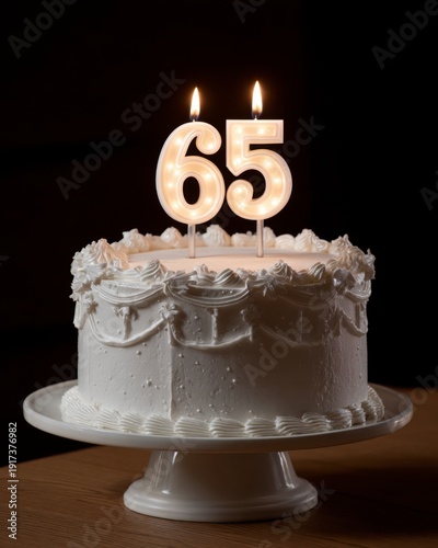 Elegant White Cake with 65th Birthday Candles and Decorative Frosting