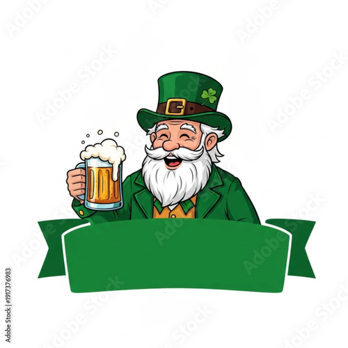 Leprechaun with Beer and Green Ribbon Banner for St Patrick’s Day Template Design