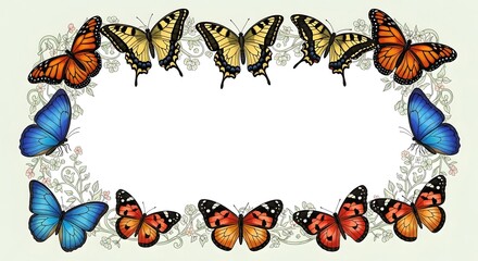 Colorful Butterflies Border Frame with Floral Elements - Nature Background
