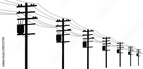 Row of silhouetted utility poles with transformers and wires Keywords: utility pole, power line, electricity, transformer
