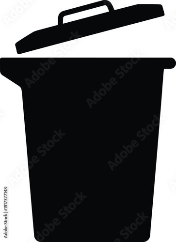 Black trash bin silhouette with open lid isolated on white background, vector waste container icon for cleaning designs