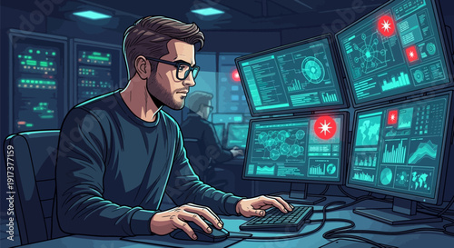 Focused IT professional analyzing data on multiple screens